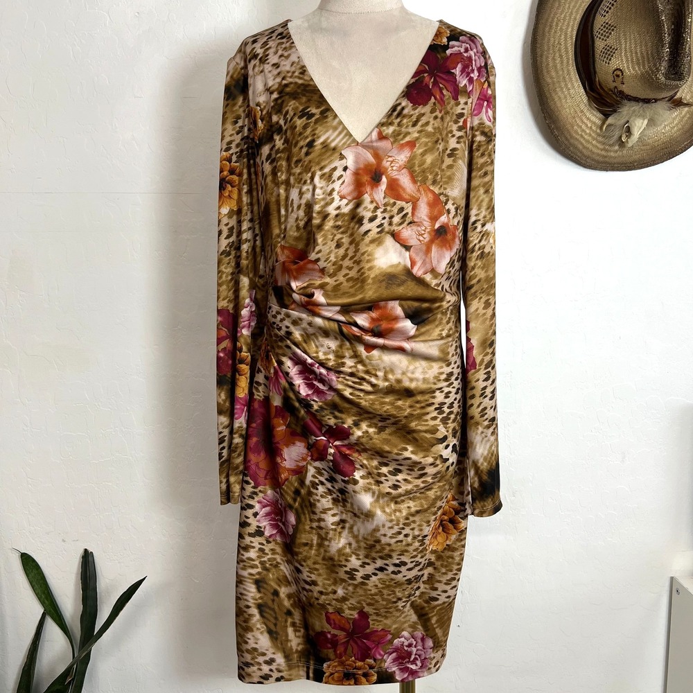 Siena Floral Leopard Print Long Sleeve Ruched V-Neck Sheath Dress Sz 12 Stretchy